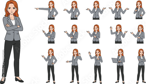 Professional woman character vector illustration with multiple poses, laptop, phone, presenting, thinking, shrugging, and workplace gestures