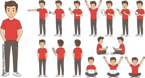 Young man character vector illustration with multiple poses, laptop, phone, tablet, casual clothing, and expressive gestures