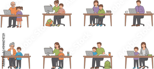 Adults helping children with homework and computer learning vector illustration showing family support, tutoring, and educational technology