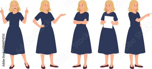 Blonde woman character vector illustration with multiple poses, gestures, pointing, arms crossed, paper holding, and expressive body language