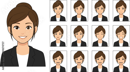 Businesswoman character vector illustration with multiple facial expressions, emotions, smiling, sad, surprised, happy, and thoughtful