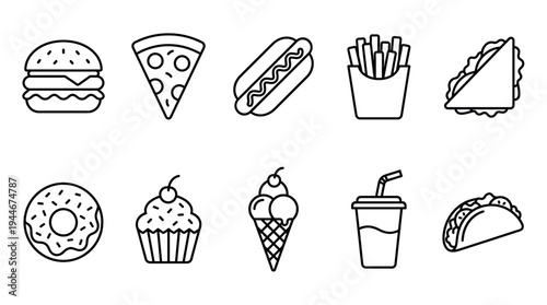 A clean, minimalist line art illustration showcasing various fast food icons like burger, pizza, hot dog, fries, donut, and ice cream on a white backdrop. Ideal for menus, websites.
