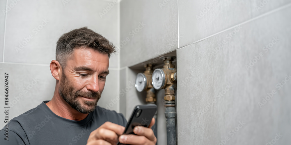 custom made wallpaper toronto digitalportrait of a plumber transmitting information from meters via a phone app, copy space for text