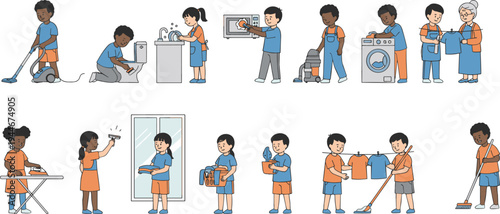 Children and adults doing household chores vector illustration with cleaning, laundry, cooking, sweeping, and family responsibility