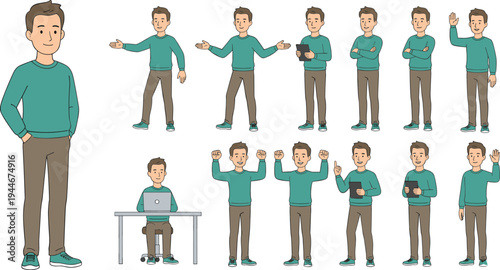 Casual man character vector illustration with multiple poses, tablet, laptop, phone, standing, sitting, and expressive gestures