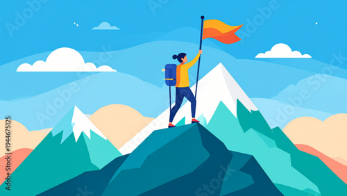 Mountain Climber Reaching Peak – Raising Flag to Celebrate Achievement Illustration