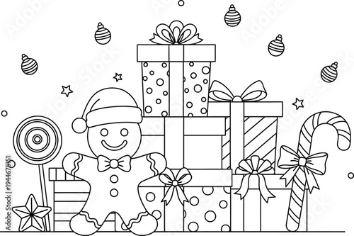Snowman surrounded by christmas gifts and candies