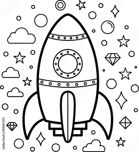 A rocket ship blasting off into a starry sky with clouds and diamonds