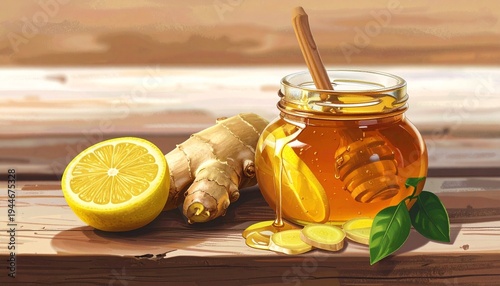 Fresh honey jar with lemon ginger and mint on wooden table natural remedy