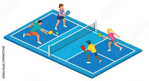 Isometric illustration of four people playing a doubles tennis match