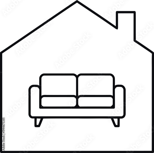 Simple black and white line art icon depicting a comfortable sofa situated inside the outline of a house symbolizing home living or real estate.