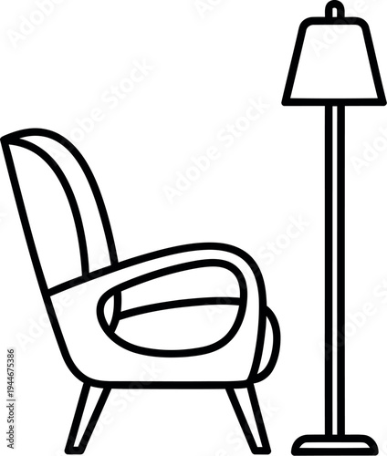 Minimalist black line art icon depicting a comfortable mid-century modern armchair situated next to a slender floor lamp in a simple composition.