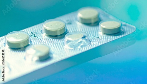 White round pills in plastic blister pack macro close-up medical healthcare concept