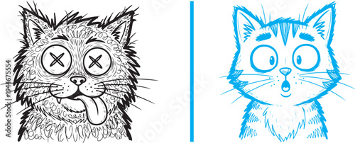 A scruffy black-and-white cat with "X" eyes and tongue out looks exhausted, paired with a blue-outlined tabby appearing shocked with wide eyes and an open mouth.