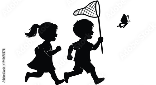 Children chasing a butterfly with a net