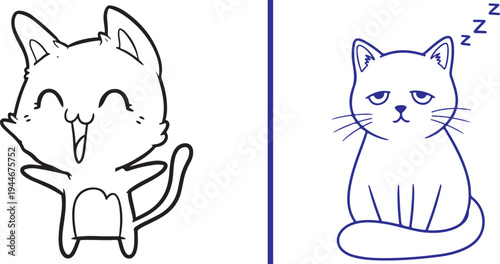 Two vector cat illustrations: a cheering, joyful black-and-white kitten and a sleepy, blue-outlined cat sitting calmly with "zzz" symbols, separated by a vertical blue line.