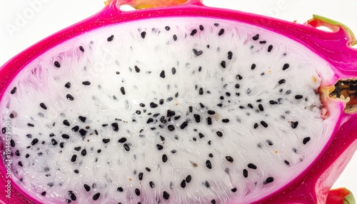 Fresh dragon fruit slice with black seeds on pink plate isolated background