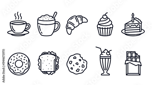 Ten food and drink line icons, including coffee, milkshake, sandwich, and sweets, are isolated on a white background for use in menu design or other creative projects.