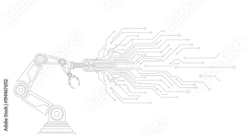 An advanced robotic arm seamlessly integrates with a complex digital circuit board, symbolizing the powerful connection between industrial automation and cutting-edge artificial intelligence.