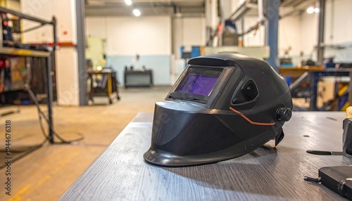 Welding helmet on wooden workbench in industrial workshop with safety gear