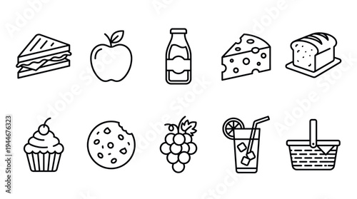 Set of food and drink icons for a picnic, presented in a clean, minimalistic outline style on a white background, ideal for designs, illustrations, and presentations.
