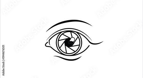 Minimalist black and white line art illustration depicting an artistic eye design incorporating a camera aperture symbol inside the iris.