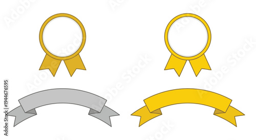 Four ribbon badges in gold and gray with decorative tails