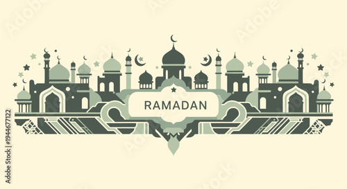 Ramadan greeting card with mosque silhouette.