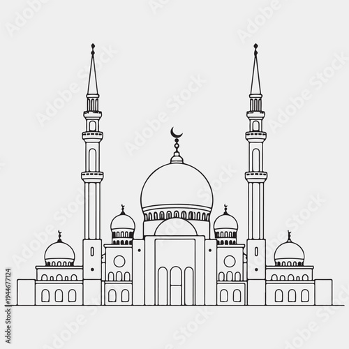Minimal Mosque Icon with Dome and Minaret Black and White Line Art Vector