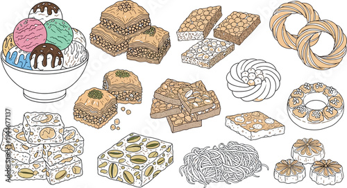 Collection of various sweet traditional Middle Eastern desserts including baklava ice cream nougat and nut brittle treats