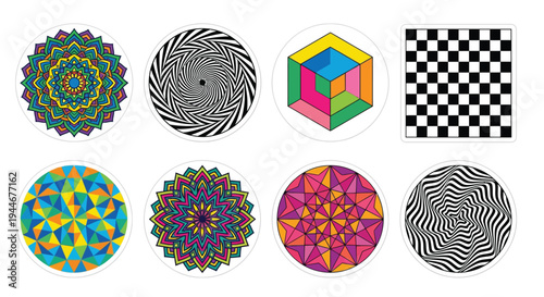 Eight circular optical illusions and geometric patterns on a white background
