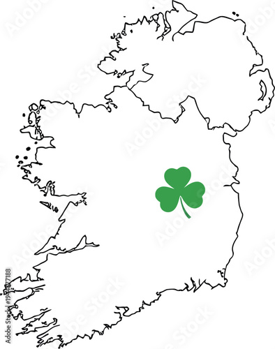 An artistic and simple black outline map of the island of Ireland, prominently featuring a classic bright green shamrock at its geographical heart.