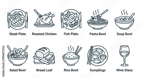 Minimalist line art illustration depicting various food dishes and a wine glass on a white background, suitable for menus and dietary information infographics.