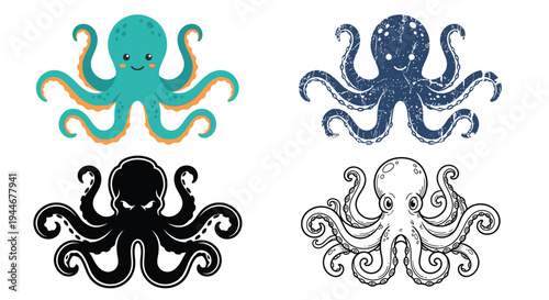 Colorful and monochromatic octopus illustrations arranged in a grid pattern