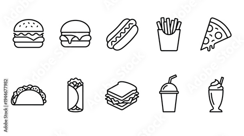 Black and white line art icons featuring fast food items: burger, hotdog, fries, pizza, taco, burrito, sandwich, drink, milkshake on a white background. Vector illustration.