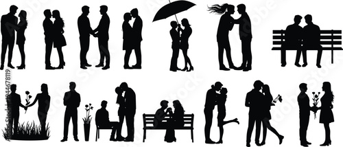 Flat vector illustration of romantic couple silhouettes, love icons, kissing, hugging, holding hands, umbrella, flowers, relationship design, emotional connection