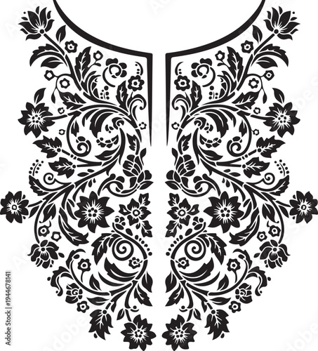 Elegant Floral Neckline Ornament Vector Illustration, Vintage Embroidery Pattern for Textile Design