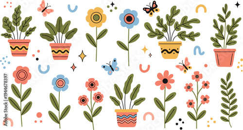 Potted houseplants and wildflower vector set with decorative pots butterflies and floral blossoms in earthy boho colors