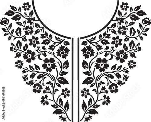Symmetrical Floral Ornament Neckline Design. Vintage Decorative Collar Pattern Vector Illustration
