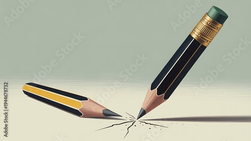 Broken pencil on a table with fractured lines