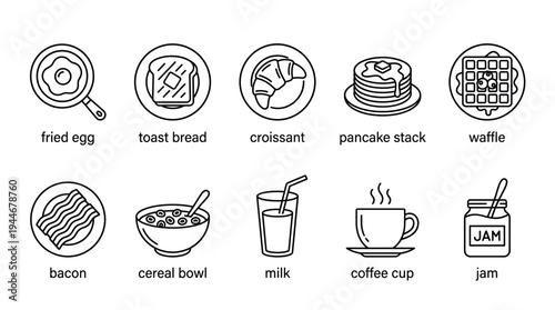 Simple line art illustration featuring breakfast foods, including eggs, toast, croissants, pancakes, waffles, bacon, cereal, milk, coffee, and jam. Great for menus, web, or prints.