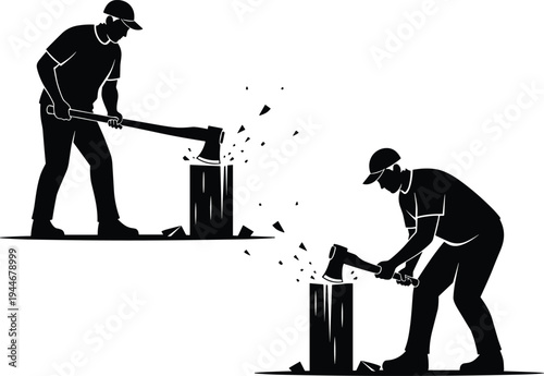 Flat vector illustration of workers chopping wood, axe silhouettes, manual labor icons, rural life design, craftsmanship symbol, traditional work graphic