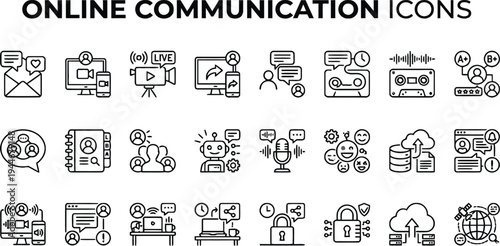 Online Communication and Digital Connectivity Network Line Icons Set