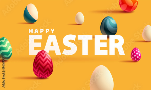 Happy Easter greeting card design  with 3D decorated Easter eggs,  white letters.  Festive minimalistic banner.