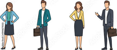 Professional business people vector set featuring faceless men and women in smart casual suits carrying briefcases isolated on white