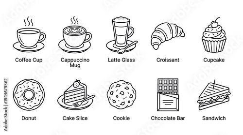 Outline illustrations of various desserts and drinks, including coffee, cappuccino, latte, croissant, cupcake, donut, cake, cookie, chocolate, and sandwich, in black and white line art style.