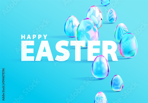 Happy Easter greeting card design with 3D glass eggs and white inscription. Festive vector banner.