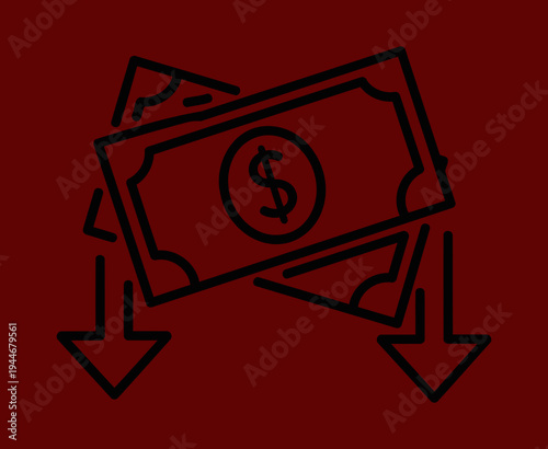 Illustration of Money bills with downward arrows financial loss