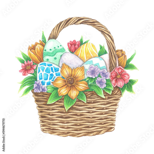 Easter Flower basket. watercolor illustration isolated on a white background. Suitable for printing on postcards, fabrics, stickers and scrapbooking