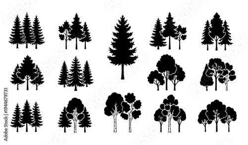 Minimal Forest Tree Silhouette Vector Icons Collection